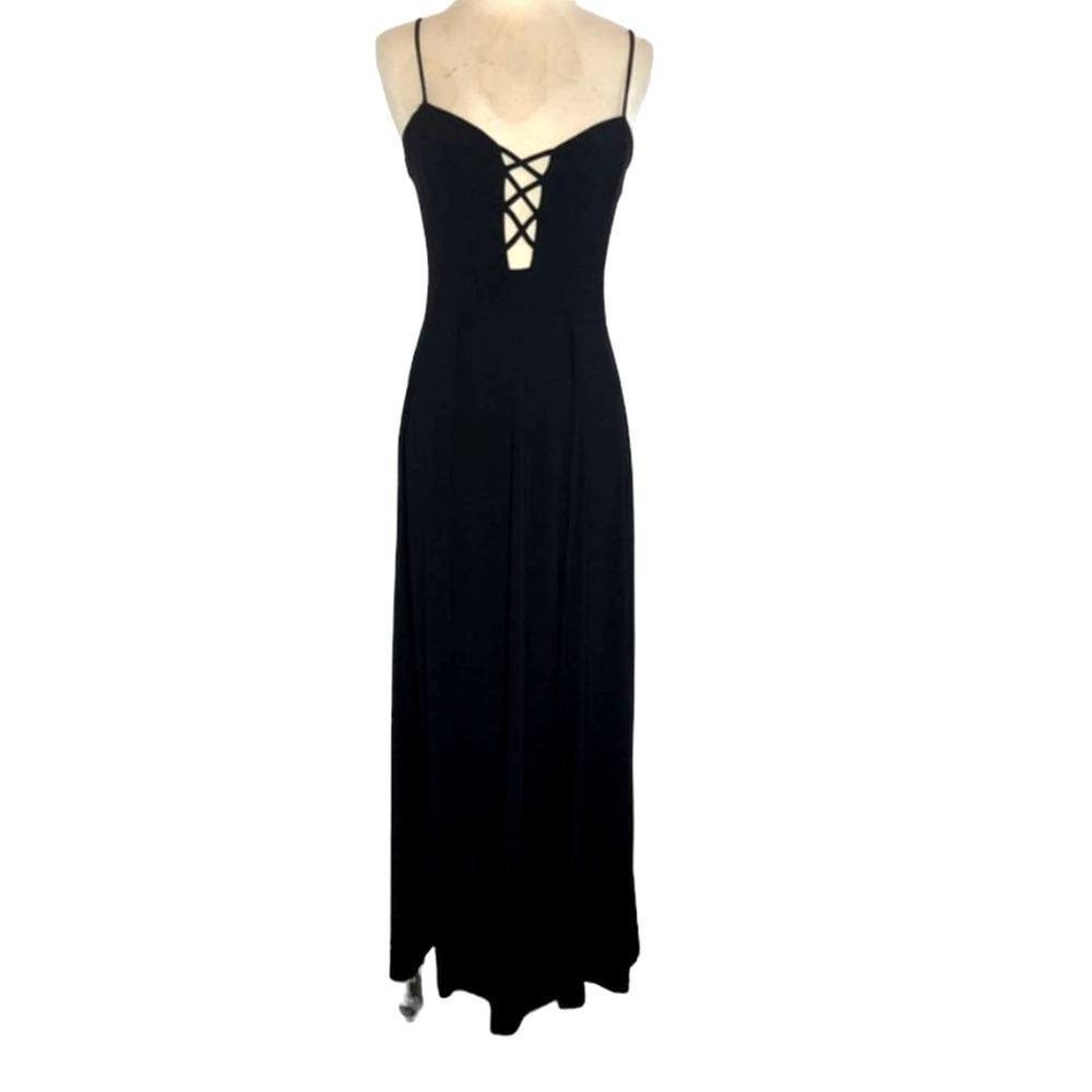 Black Crisscross Lattice Plunge Spaghetti Strap Body-Con Maxi Dress Wild Daisy - Picture 3 of 10